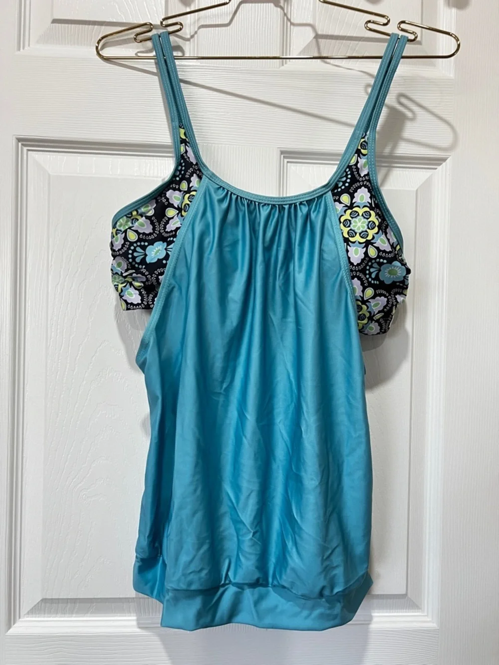 Swimsuit Tankini Top Blue Floral Built-In Bra Size Large Racer-Back Style Swim